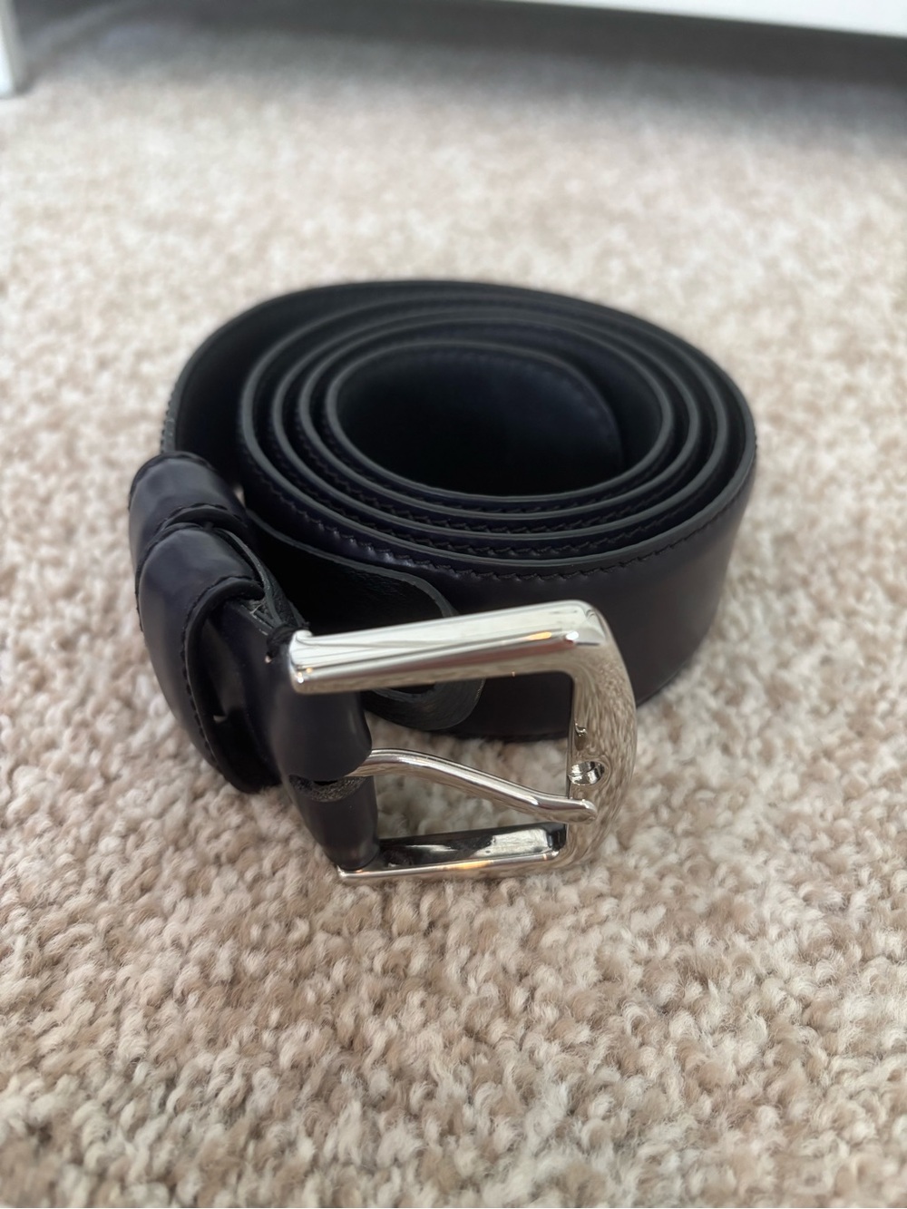Loro Piana Black Leather Belt with Silver Buckle - 90